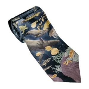Endangered Species Humpback Whales Neck Tie Ocean Sea Blue 100% Silk Mens 57"x4"